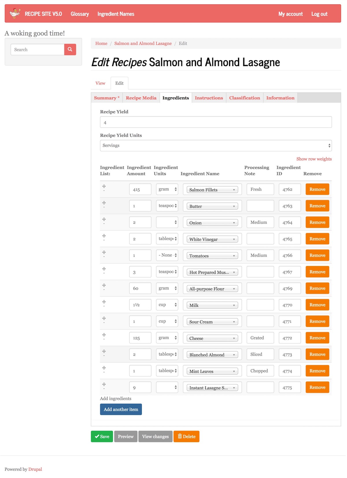 User recipe creation form.