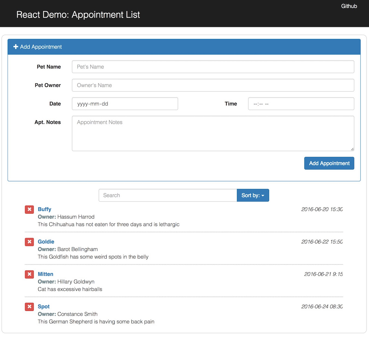 A booking app with appointment form and appointment list built from React components on a Yeoman FountainJS-React base. Initial data is read from a json file and additional appointments are held in an array until the next page refresh. Based on the Lynda.com course: 'Building a Web Interface with React.js'