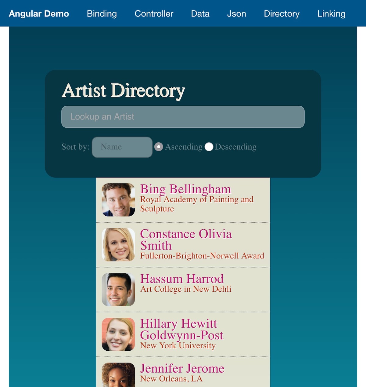 This app takes in json data and presents the user with a list of artists.  The user can then search the list for artist names, and sort the list. The app is written in Angular 1. The starting point for the project is Foundation 6 for Apps (now deprecated.) The Angular code is modified from the Lynda.com course 'Up and running with angularjs 1'